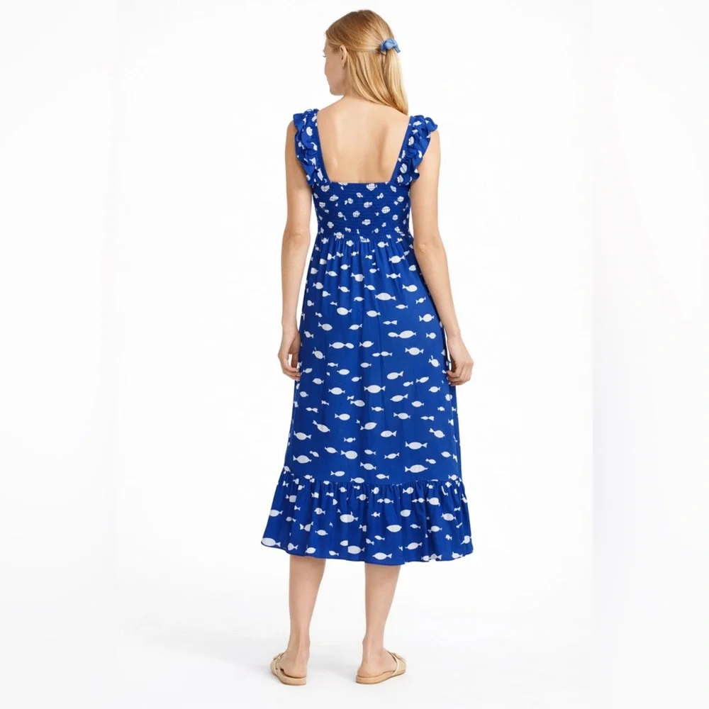 Kate Spade New York Blue Fish Print Midi Dress Ruffle Straps Size M